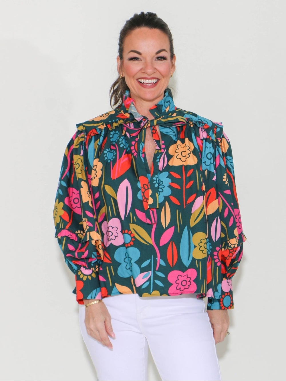 KARLIE Floral Tie-Neck Blouse in Teal Multi MED